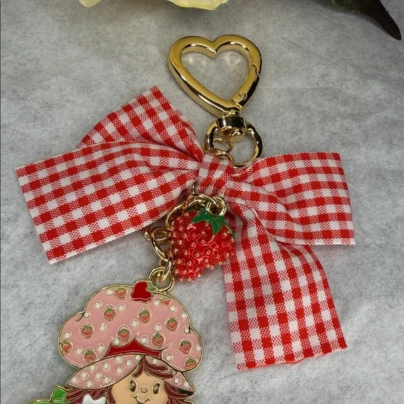 Strawberry Character Keychain with Gingham Bow - Picture 2 of 3